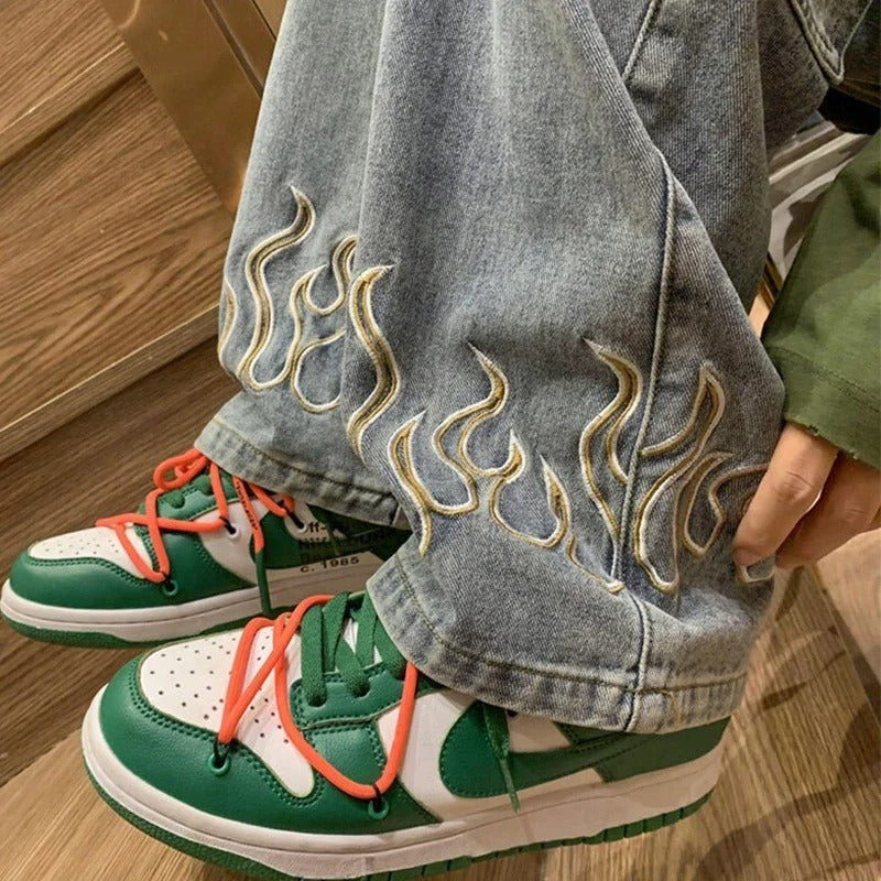 Men's Jeans Unique Flame Design Cotton Soft Denim