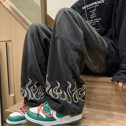 Men's Jeans Unique Flame Design Cotton Soft Denim