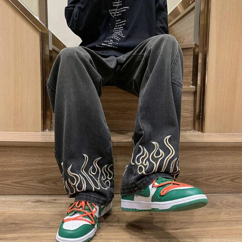 Men's Jeans Unique Flame Design Cotton Soft Denim