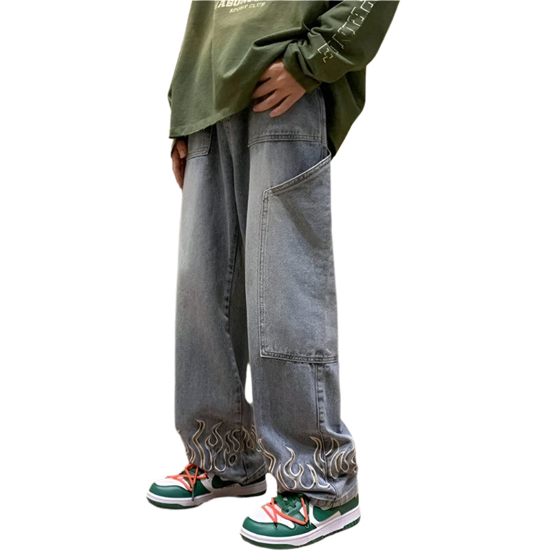 Men's Jeans Unique Flame Design Cotton Soft Denim