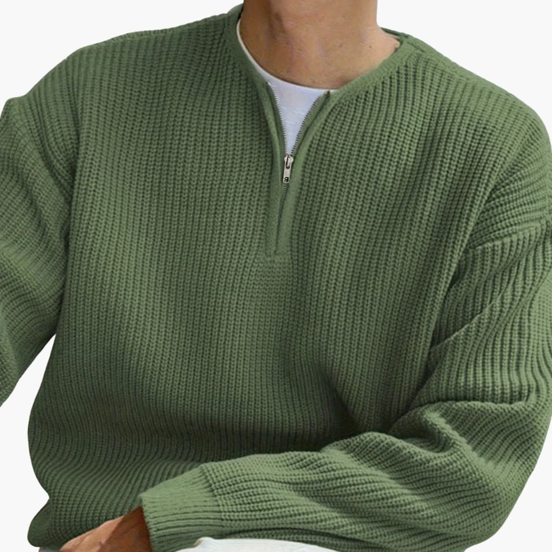 Men's Knitted Sweater with Half Zip and Long Sleeves