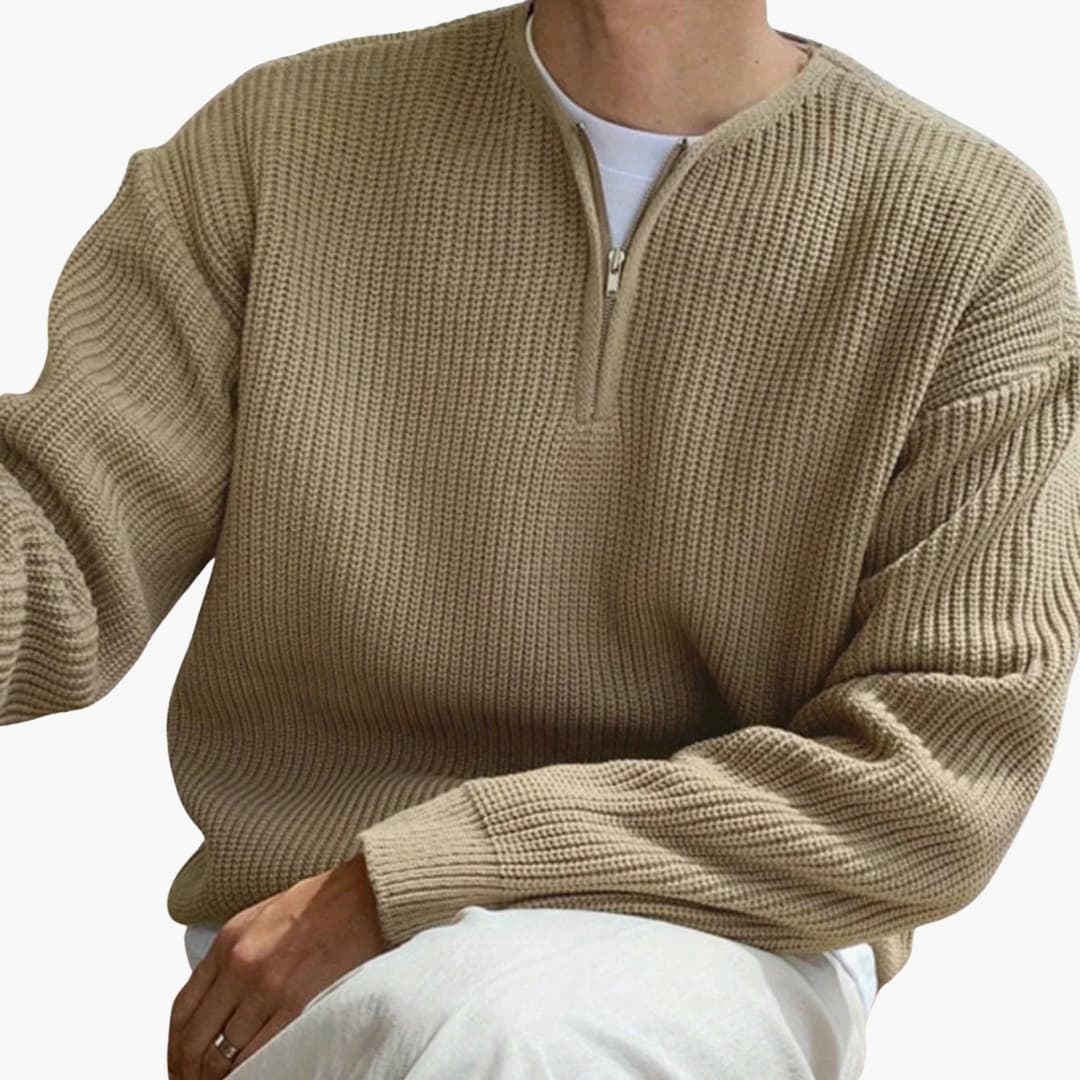 Men's Knitted Sweater with Half Zip and Long Sleeves