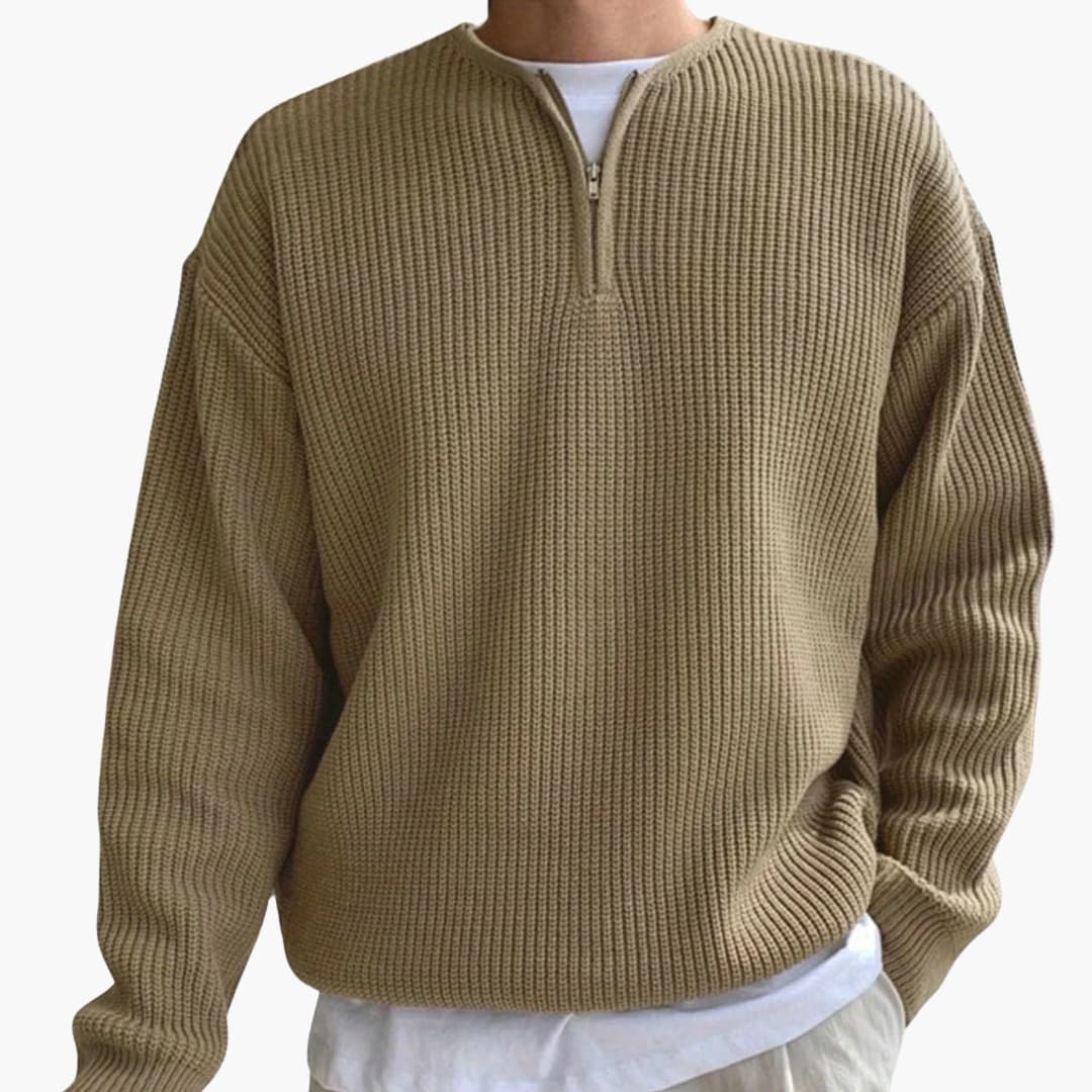 Men's Knitted Sweater with Half Zip and Long Sleeves