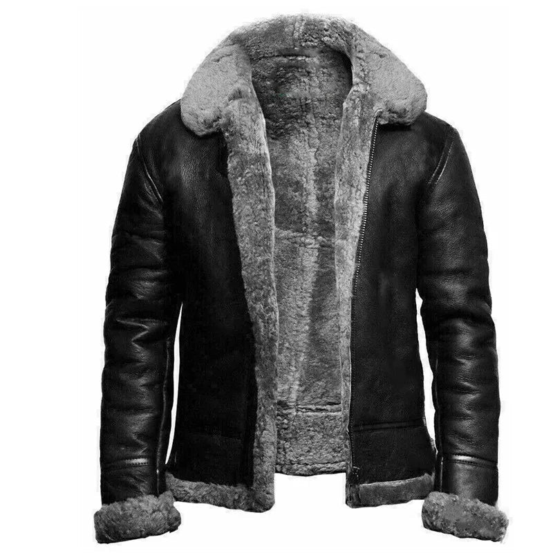 Men's Leather Jacket with Relaxed Fit and Adjustable Cuffs