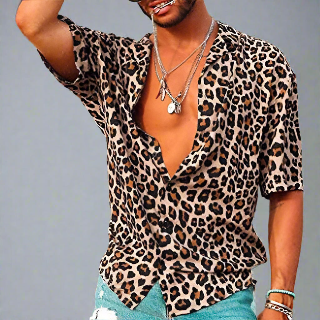 Men's Leopard Print Polo Shirt with Short Sleeves