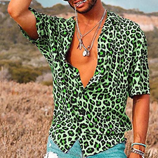 Men's Leopard Print Polo Shirt with Short Sleeves