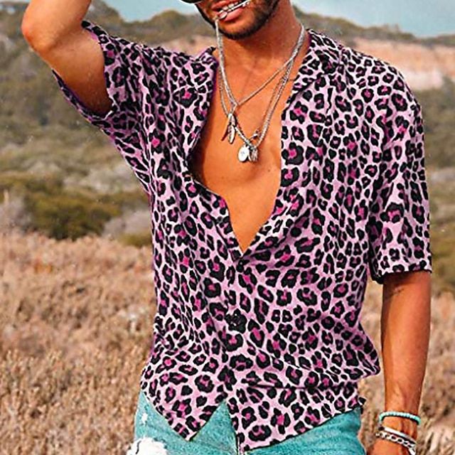 Men's Leopard Print Polo Shirt with Short Sleeves