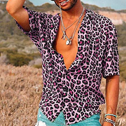 Men's Leopard Print Polo Shirt with Short Sleeves