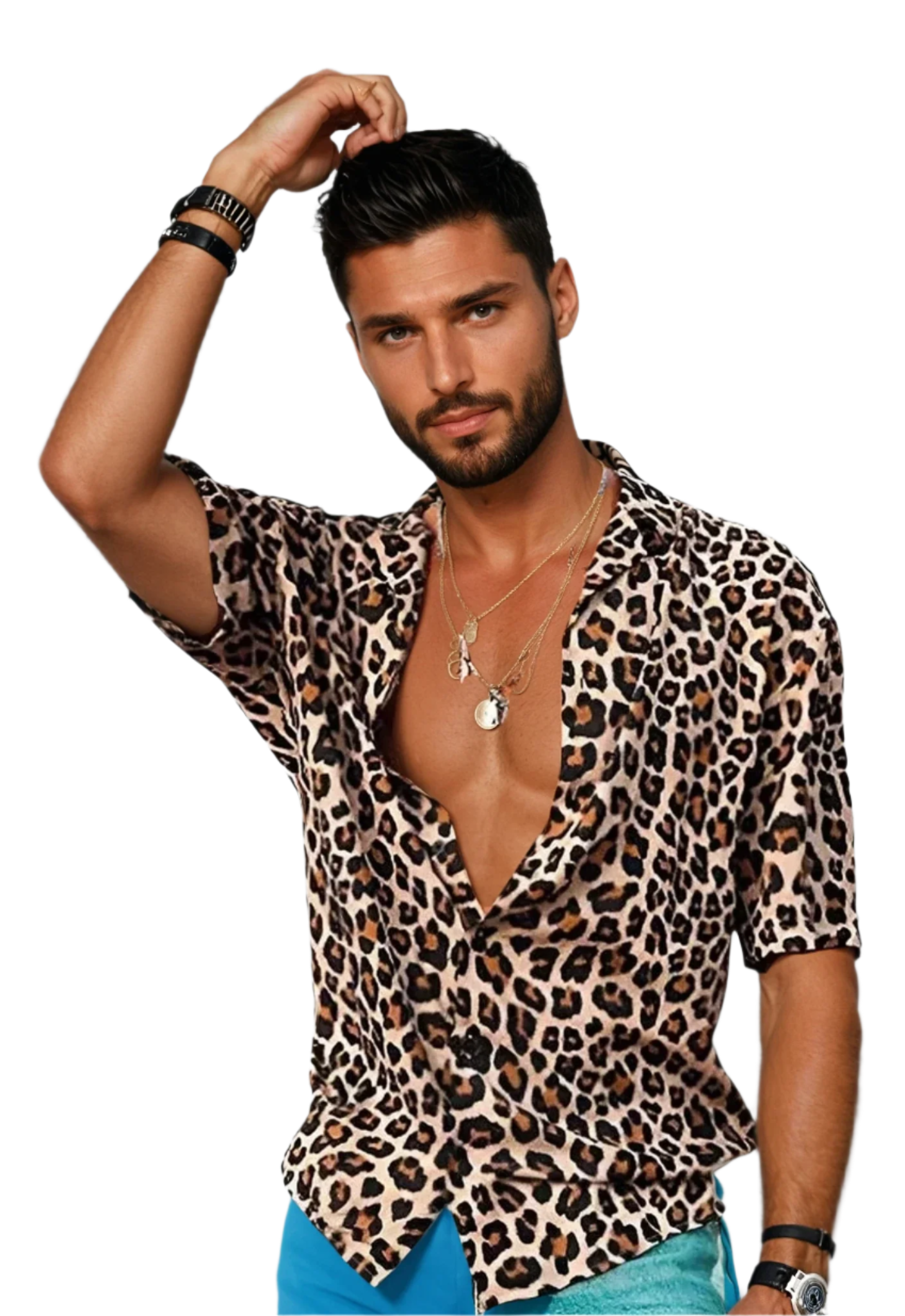 Men's Leopard Print Polo Shirt with Short Sleeves