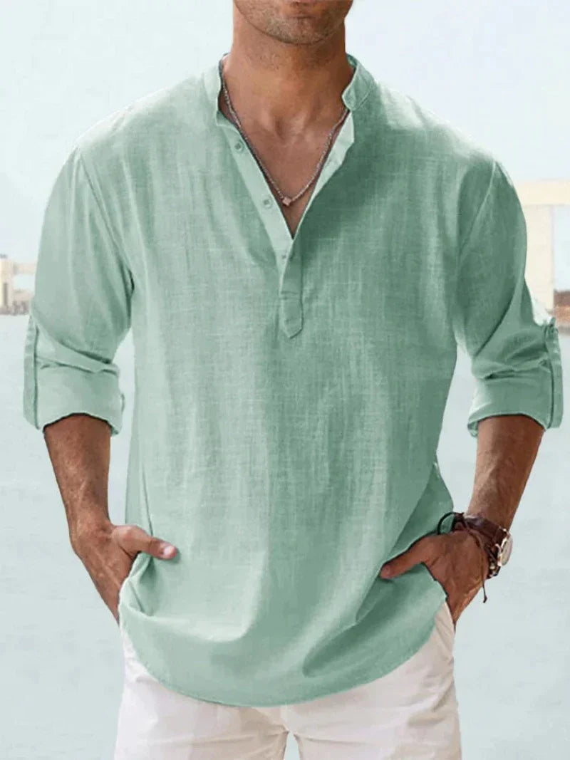 Men's Linen Look Shirt Relaxed Fit With Open Collar