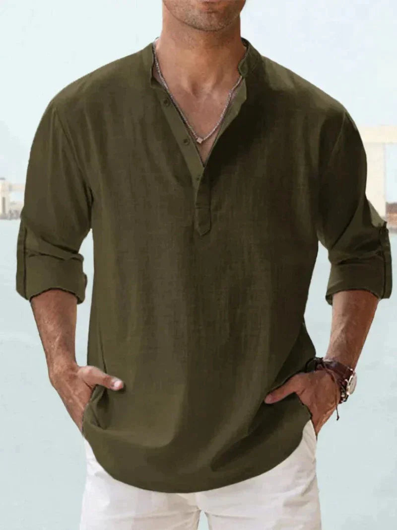 Men's Linen Look Shirt Relaxed Fit With Open Collar