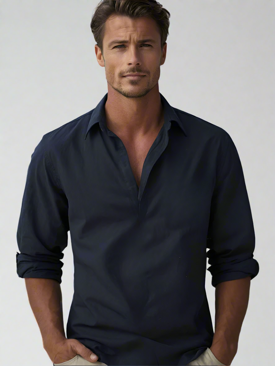 Men's Linen Look Shirt Relaxed Fit With Open Collar