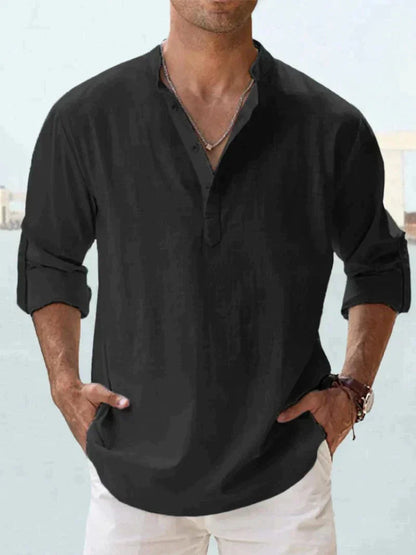 Men's Linen Look Shirt Relaxed Fit With Open Collar