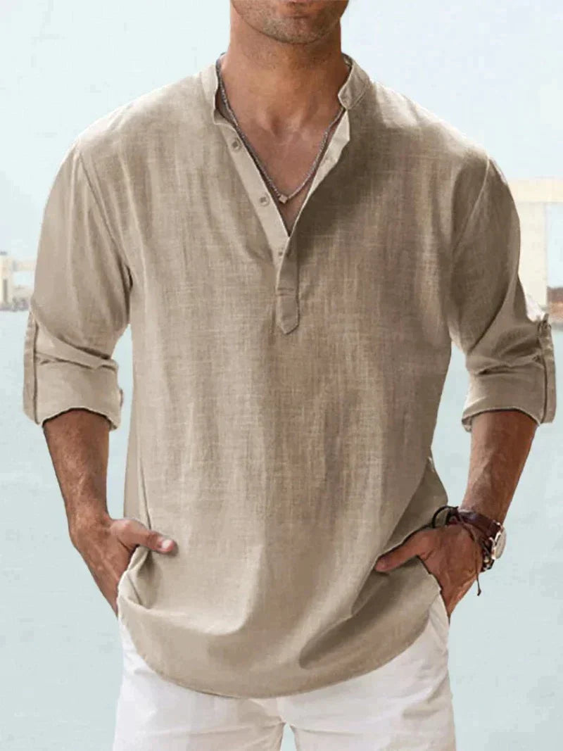 Men's Linen Look Shirt Relaxed Fit With Open Collar