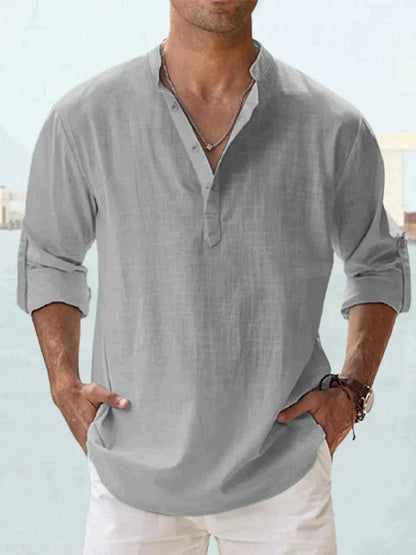 Men's Linen Look Shirt Relaxed Fit With Open Collar