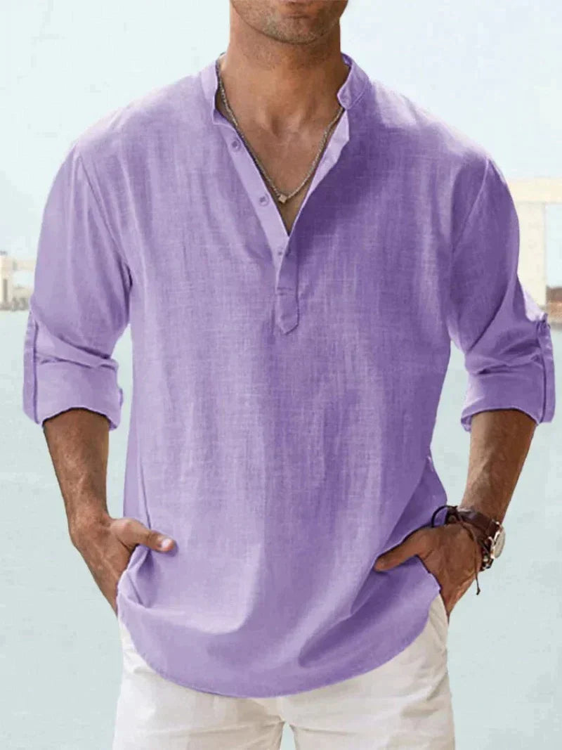 Men's Linen Look Shirt Relaxed Fit With Open Collar