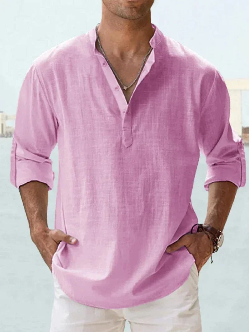 Men's Linen Style Shirt Casual Mao-Collar Cotton-Linen Blend