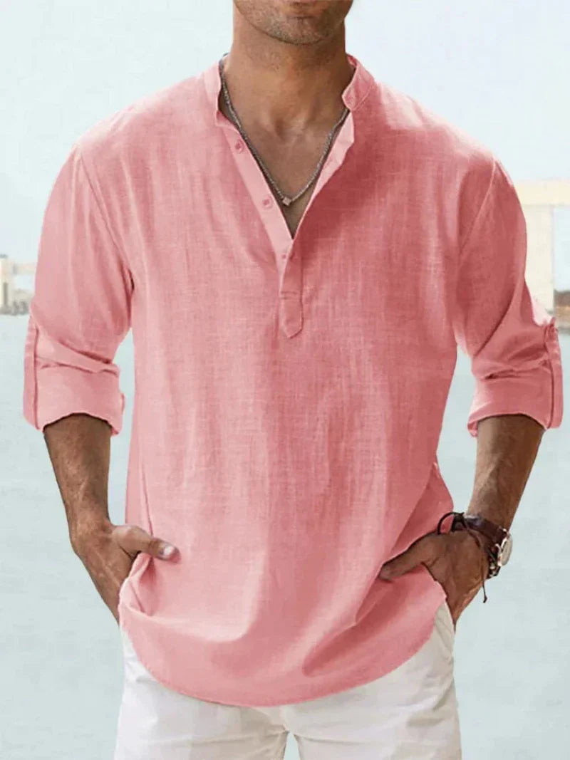 Men's Linen Style Shirt Casual Mao-Collar Cotton-Linen Blend