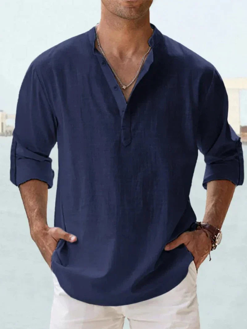 Men's Linen Style Shirt Casual Mao-Collar Cotton-Linen Blend