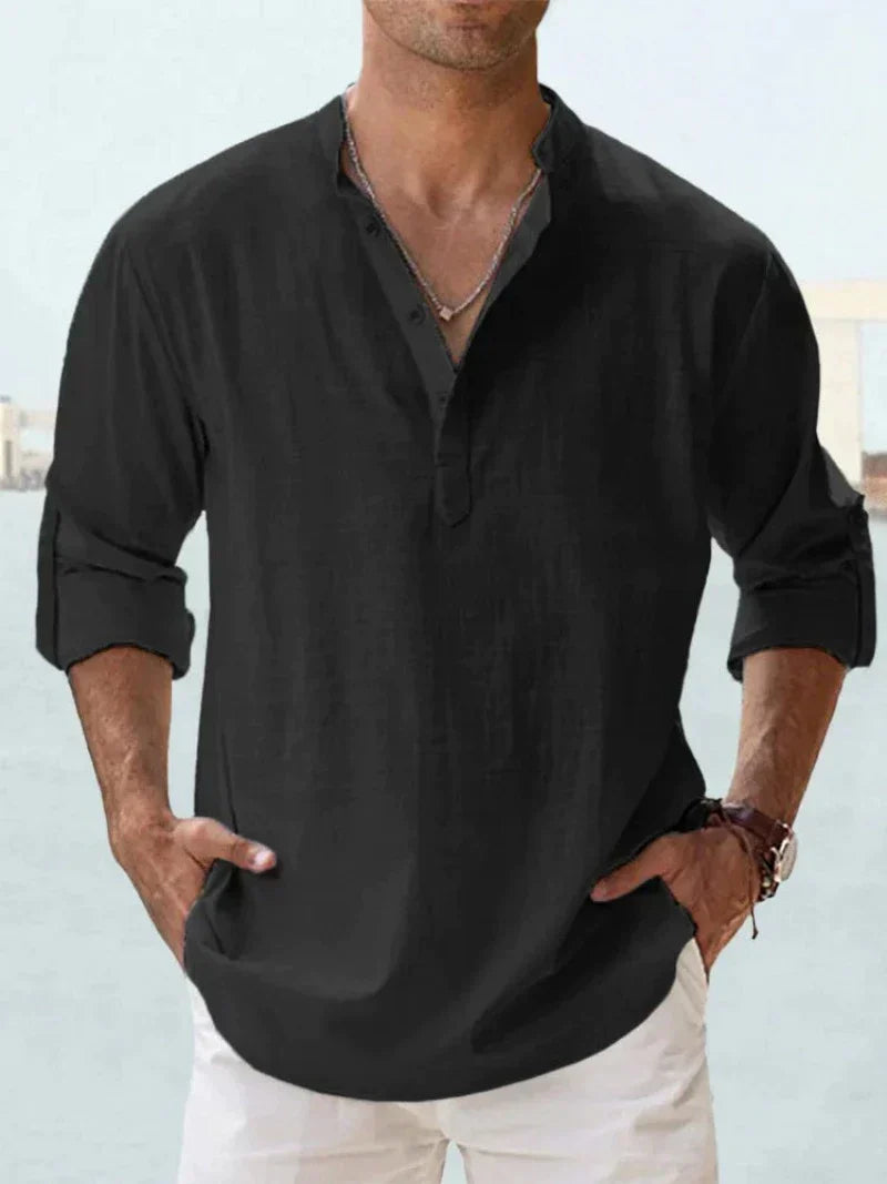 Men's Linen Style Shirt Casual Mao-Collar Cotton-Linen Blend