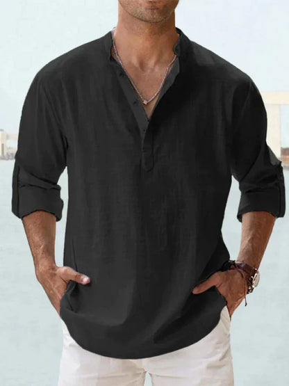 Men's Linen Style Shirt Casual Mao-Collar Cotton-Linen Blend