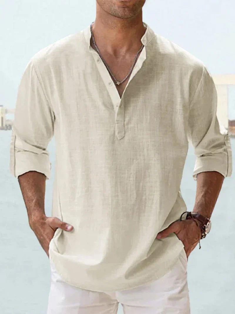 Men's Linen Style Shirt Casual Mao-Collar Cotton-Linen Blend