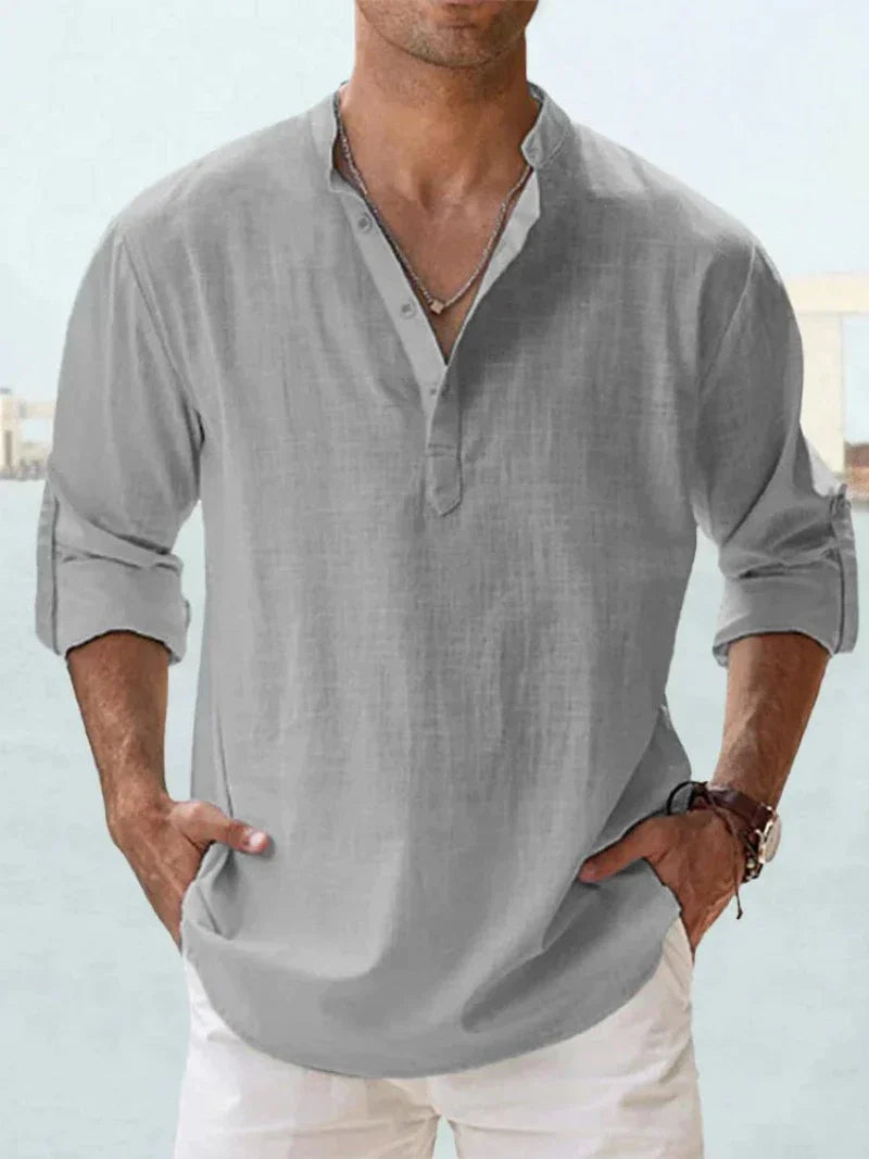 Men's Linen Style Shirt Casual Mao-Collar Cotton-Linen Blend