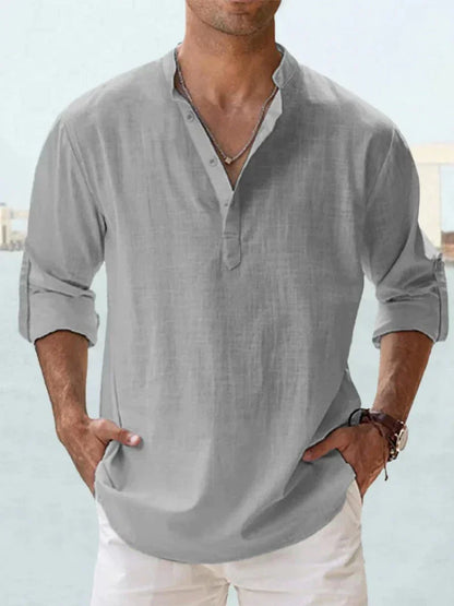 Men's Linen Style Shirt Casual Mao-Collar Cotton-Linen Blend