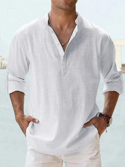 Men's Linen Style Shirt Casual Mao-Collar Cotton-Linen Blend