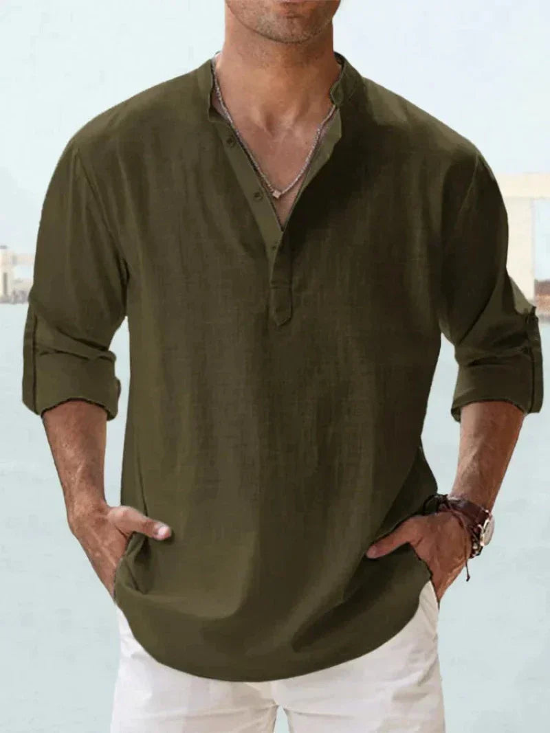 Men's Linen Style Shirt Casual Mao-Collar Cotton-Linen Blend