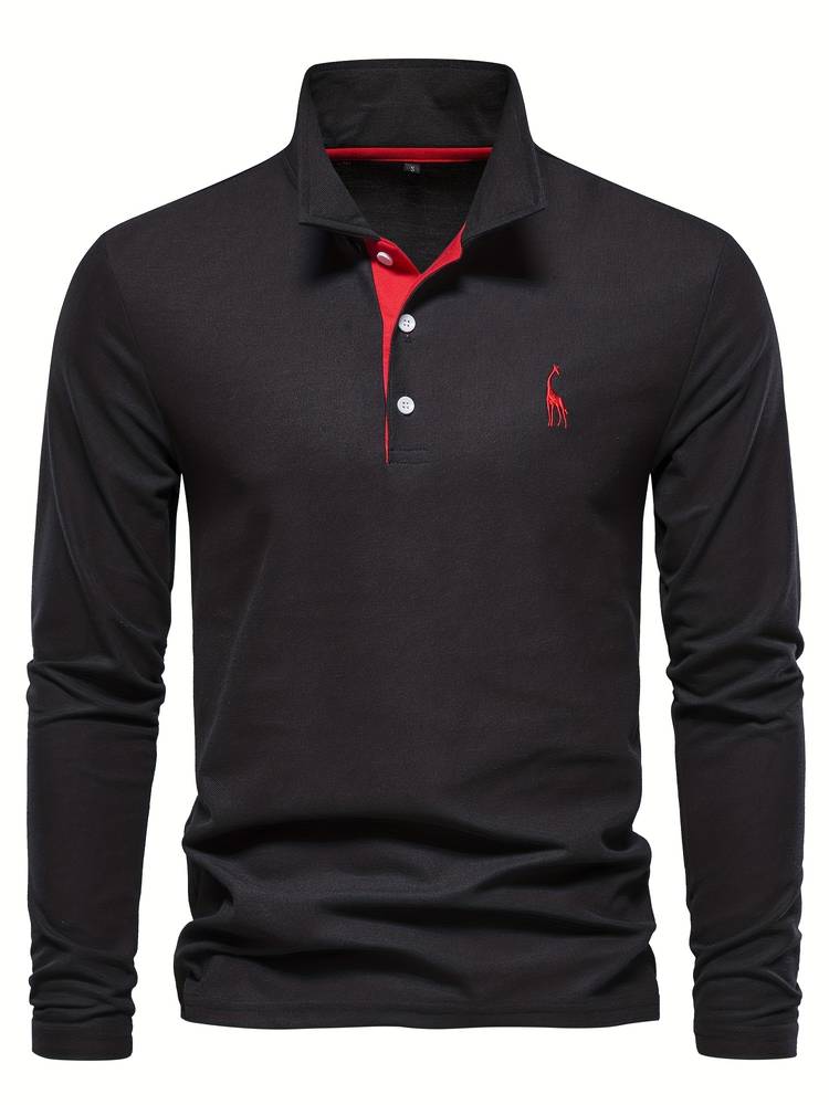 Men's Long-Sleeve Cotton Polo Shirt With Contrasting Trim