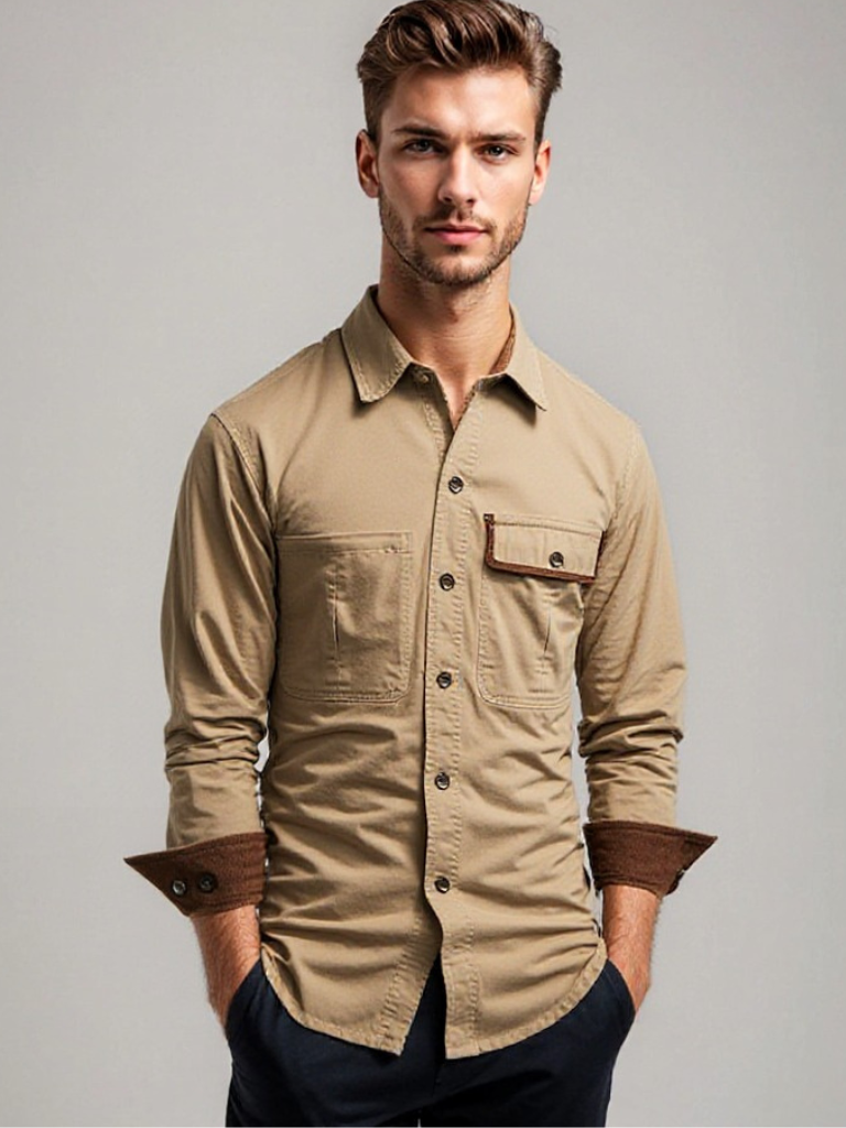 Men's Long-sleeved Cotton Shirt Button-down Contrast Cuffs