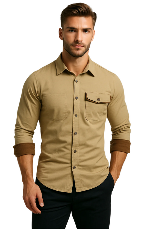 Men's Long-sleeved Cotton Shirt Button-down Contrast Cuffs