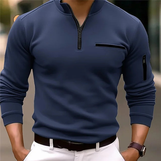 Men's Polo Long Sleeve With Zipper Cotton Blend Sporty Shirt