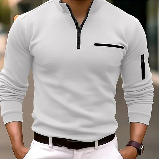 Men's Polo Long Sleeve With Zipper Cotton Blend Sporty Shirt
