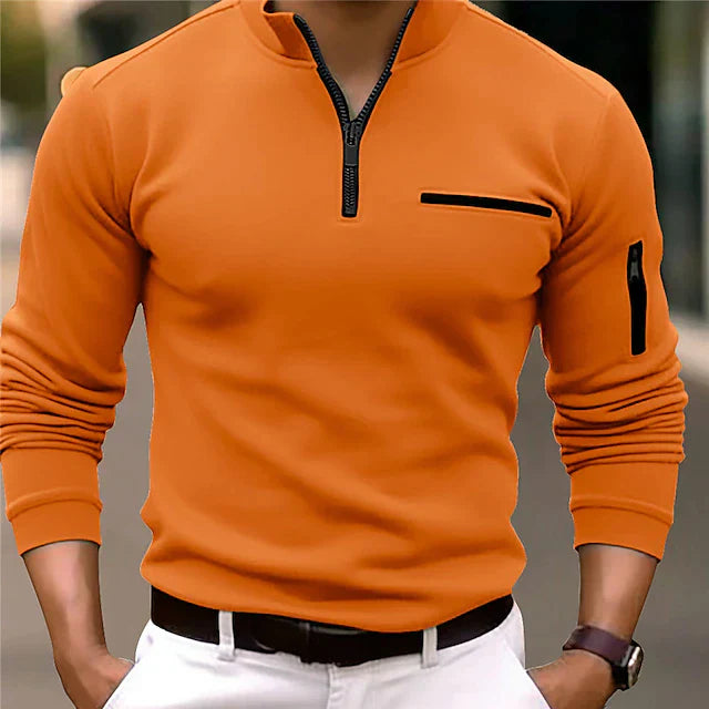 Men's Polo Long Sleeve With Zipper Cotton Blend Sporty Shirt