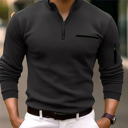 Men's Polo Long Sleeve With Zipper Cotton Blend Sporty Shirt