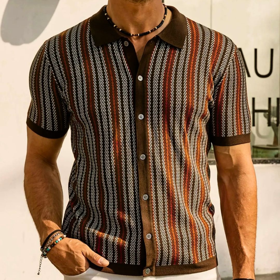 Men's Polo Shirt Chevron Button-down Breathable Cotton