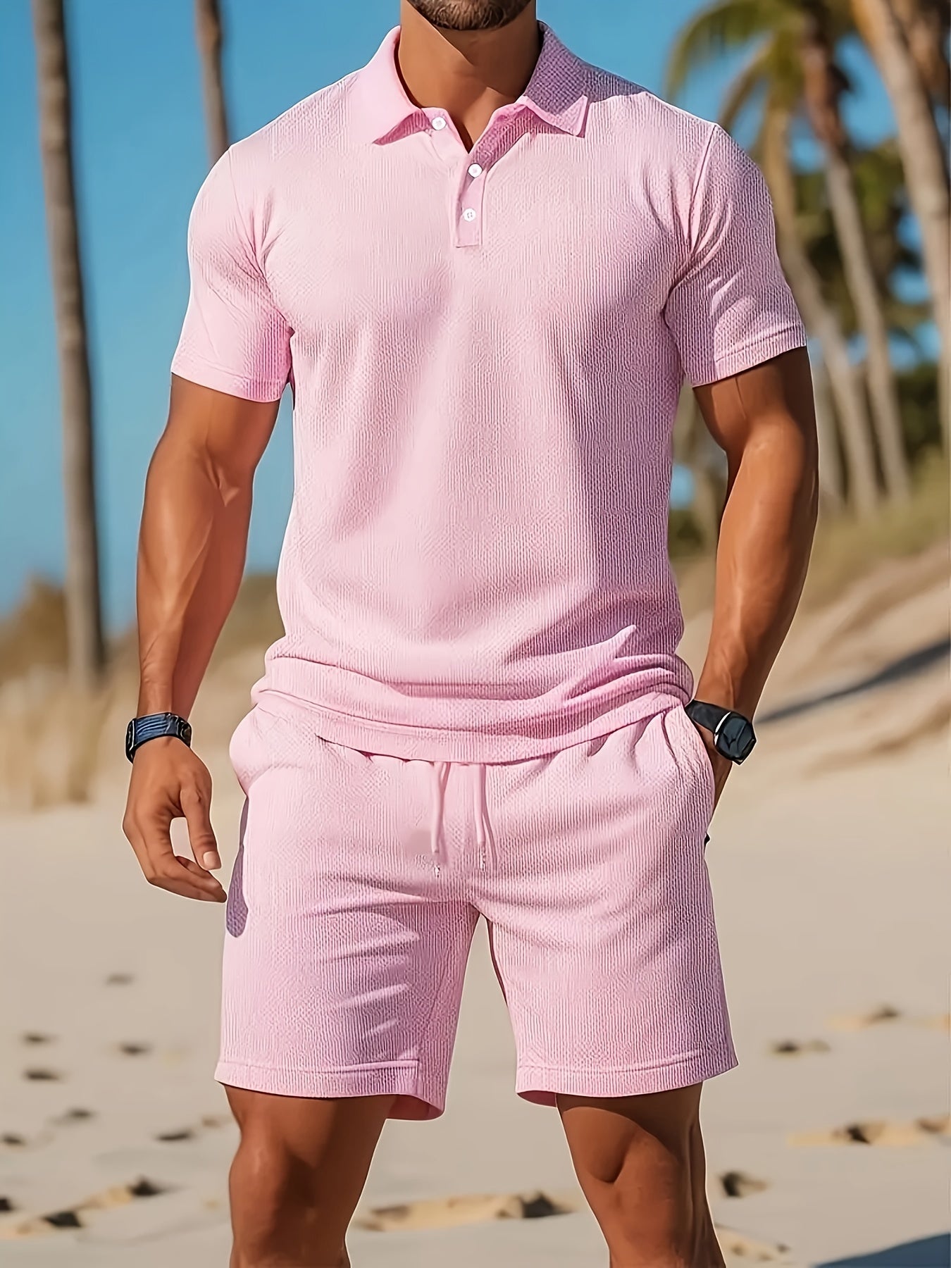 Men's Polo and Short Set Ton-sur-Ton Knitted Fabric