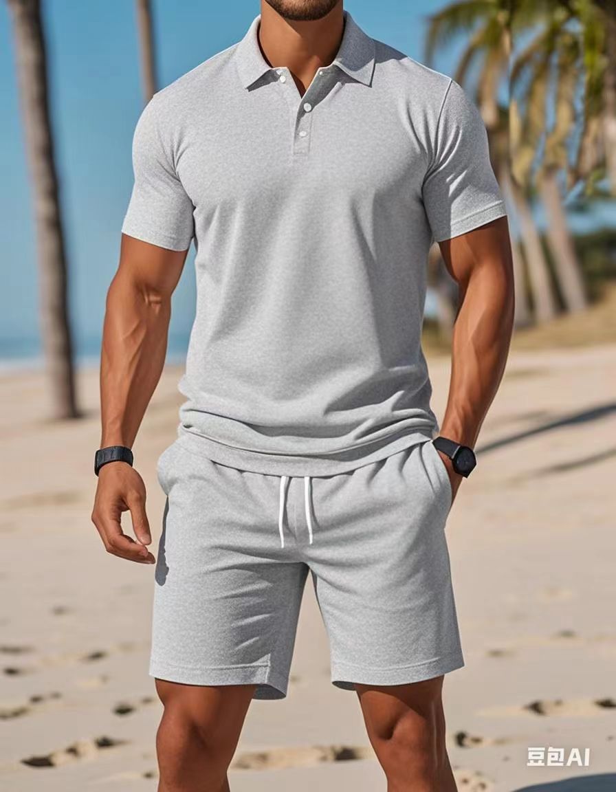 Men's Polo and Short Set Ton-sur-Ton Knitted Fabric