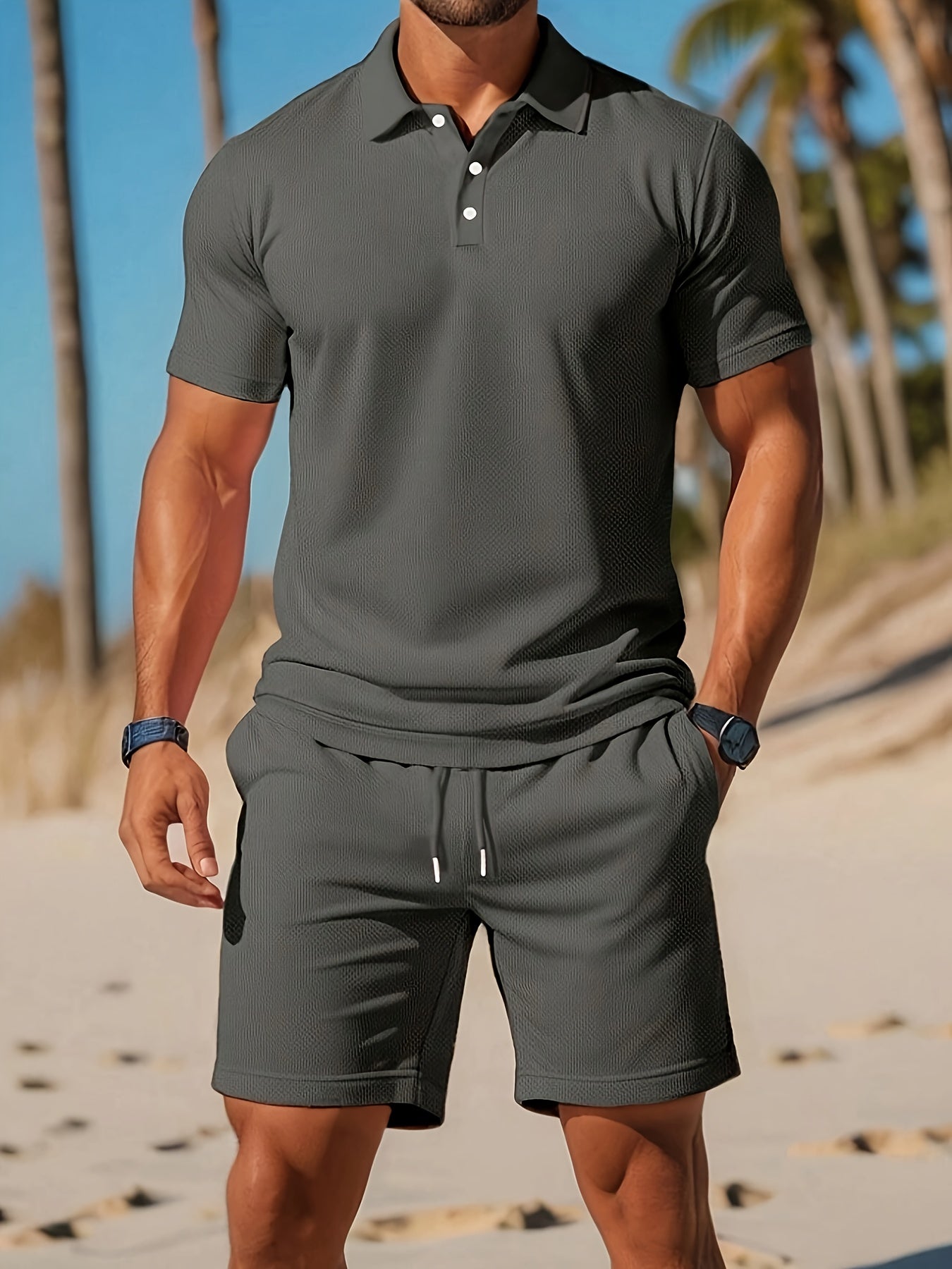 Men's Polo and Short Set Ton-sur-Ton Knitted Fabric