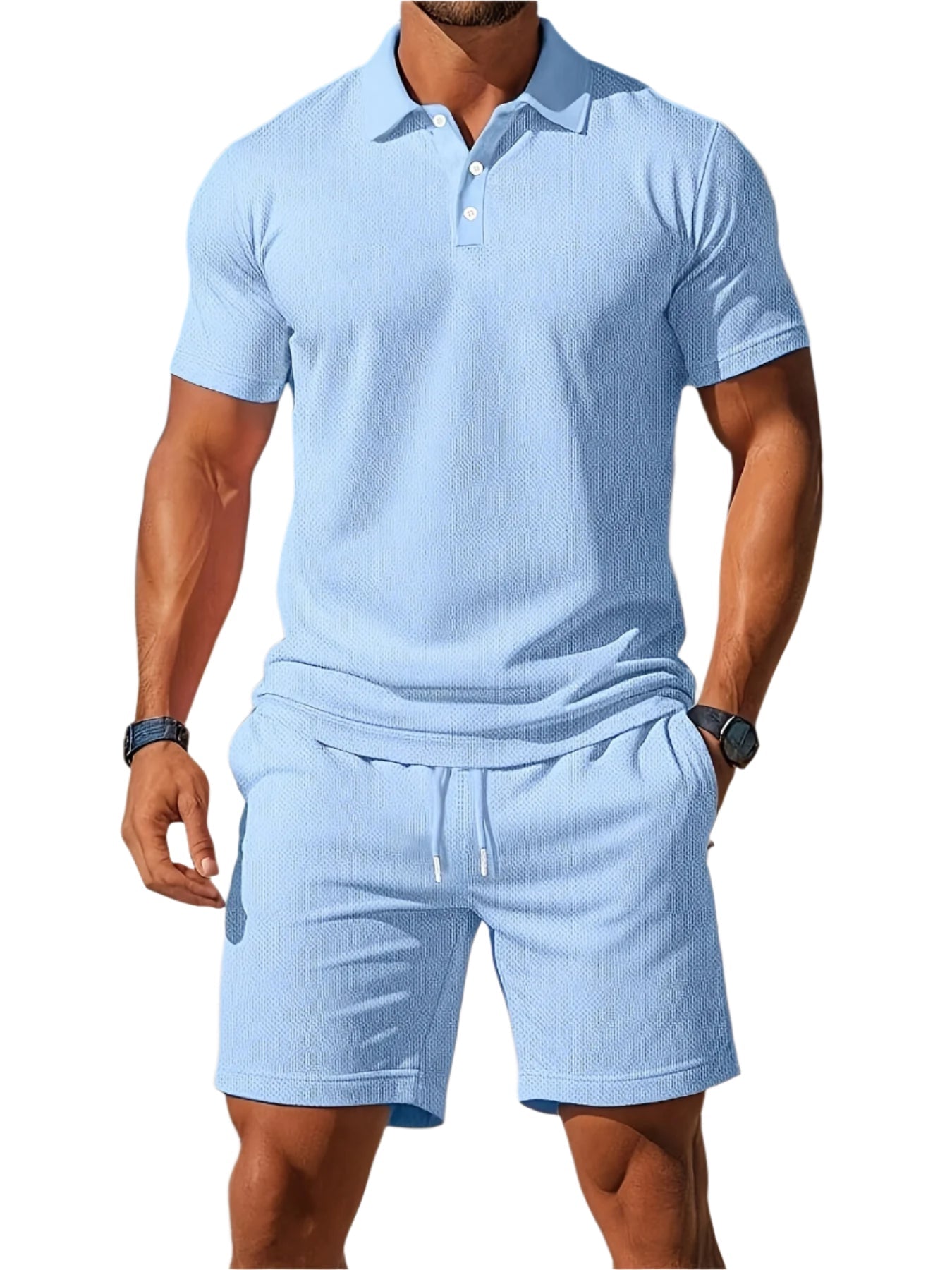 Men's Polo and Short Set Ton-sur-Ton Knitted Fabric