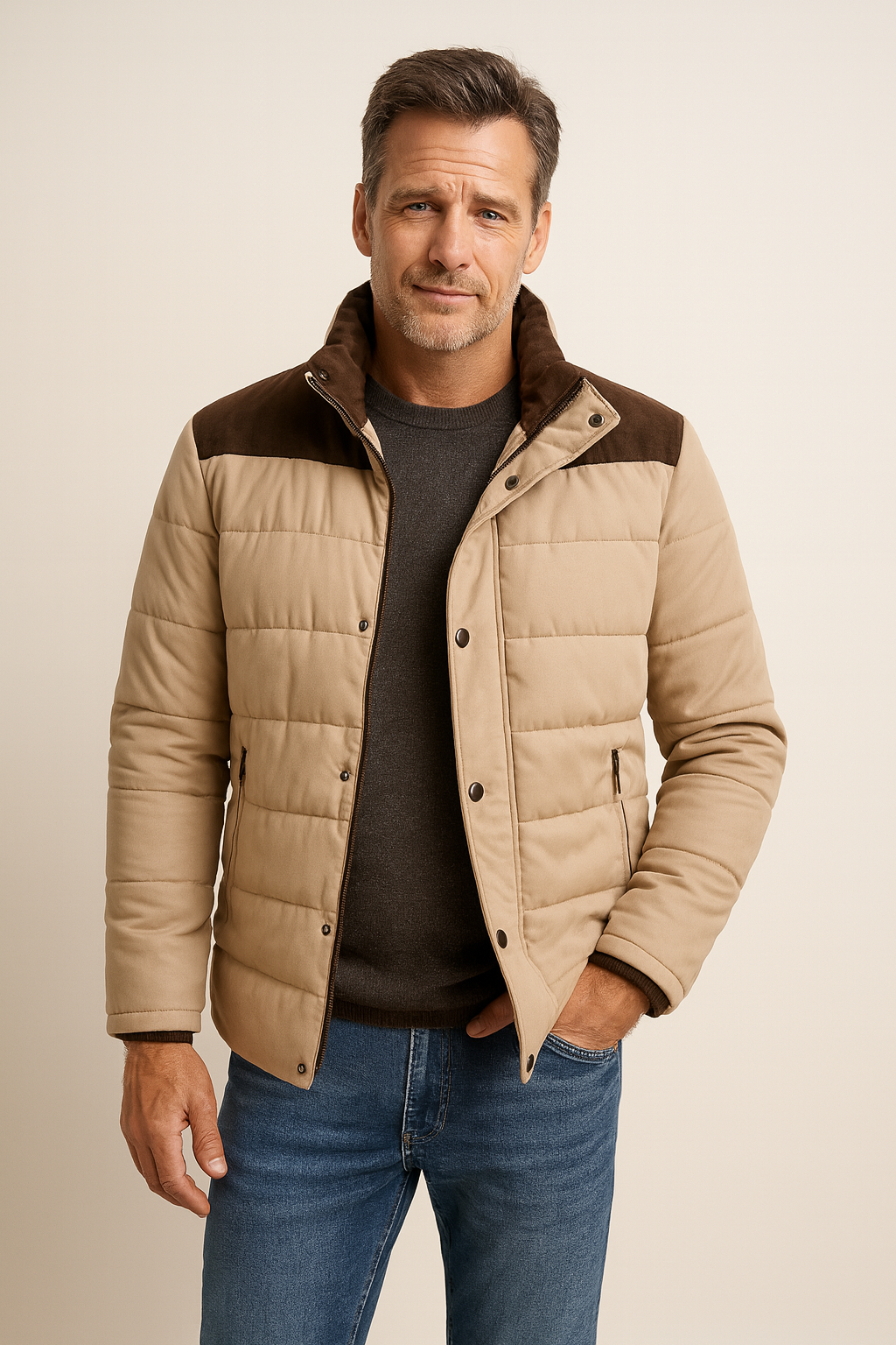 Men's Quilted Winter Coat with Suede Details
