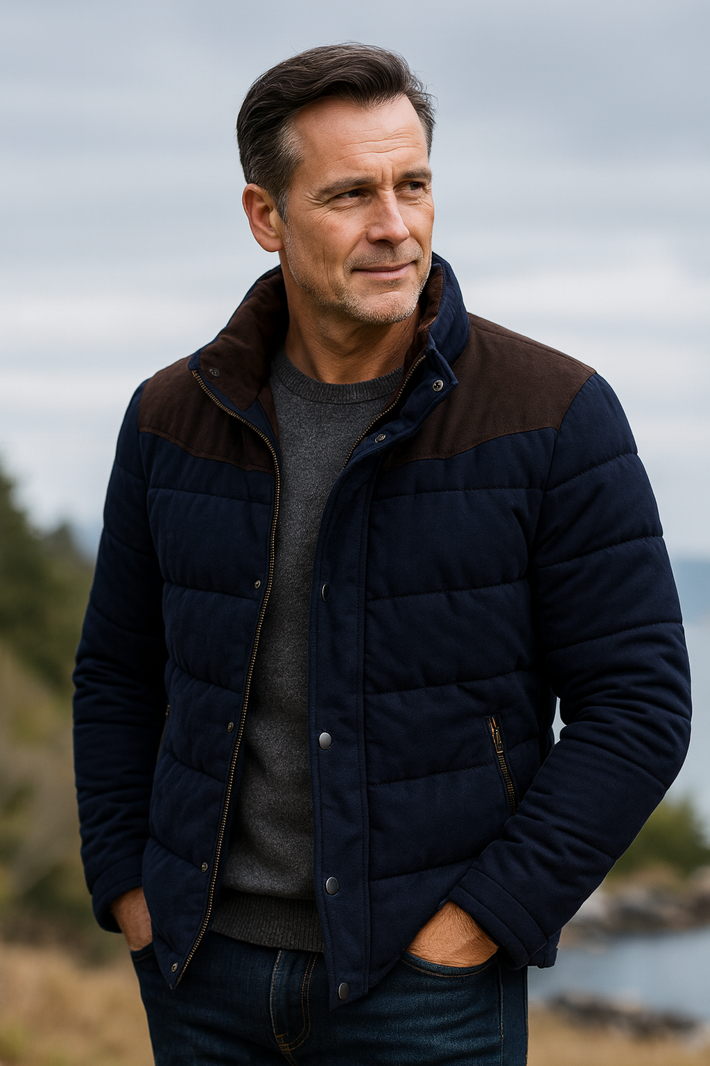 Men's Quilted Winter Coat with Suede Details