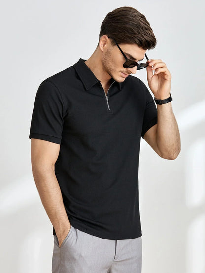 Men's Short-sleeved Polo Shirt With Zipper Cotton