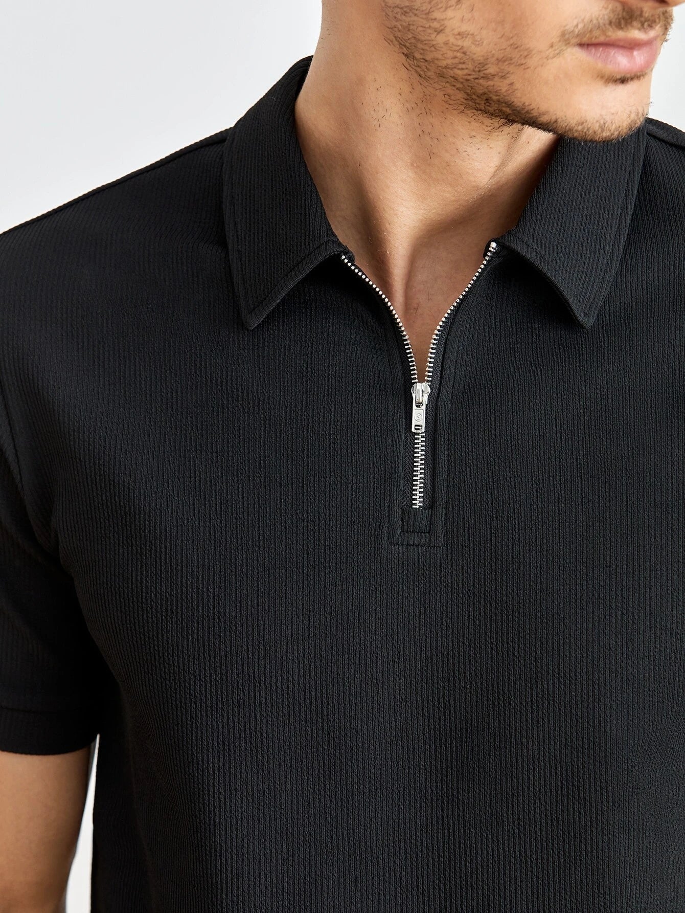 Men's Short-sleeved Polo Shirt With Zipper Cotton