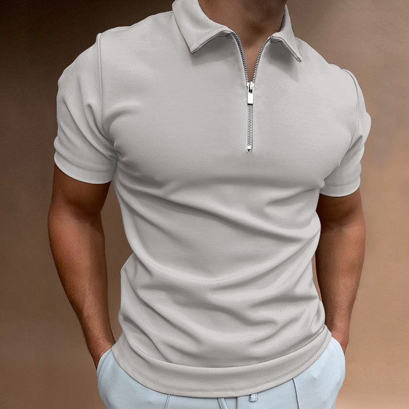 Men's Short-sleeved Polo Shirt With Zipper Cotton
