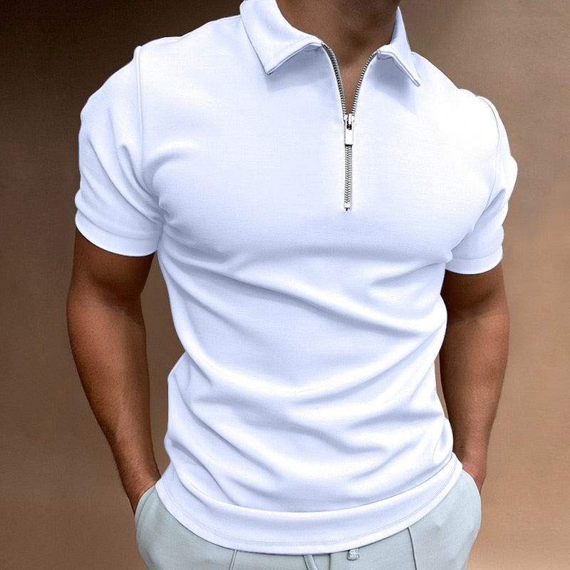 Men's Short-sleeved Polo Shirt With Zipper Cotton