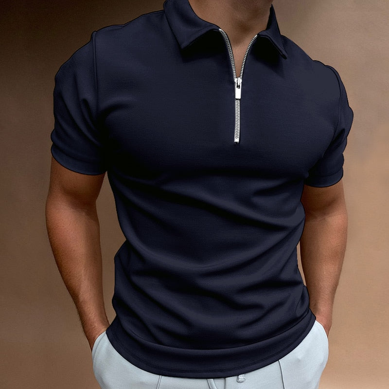 Men's Short-sleeved Polo Shirt With Zipper Cotton