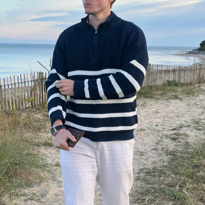Men's Striped Casual Cotton Blend Sweater with Half Zipper